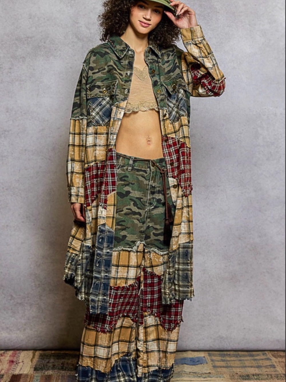 POL Patchwork Plaid & Camo Wide Leg Pants and Midi Duster Set - Picture 8 of 8